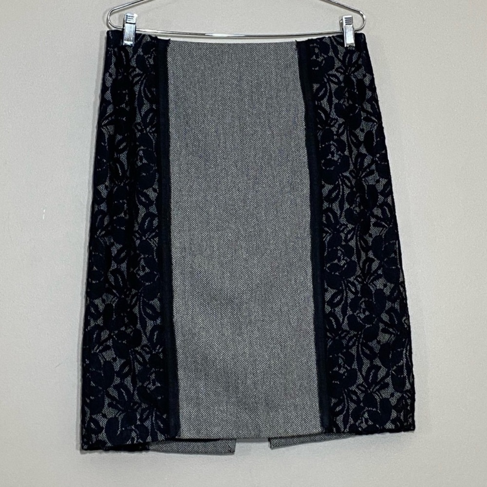 WHITE HOUSE BLACK MARKET Gray Herringbone Lace Trim Wool Blend Skirt Size 10